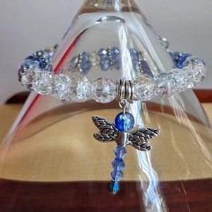 Blue and Clear Crystal Dragonfly Beaded Memory Wire Bracelet